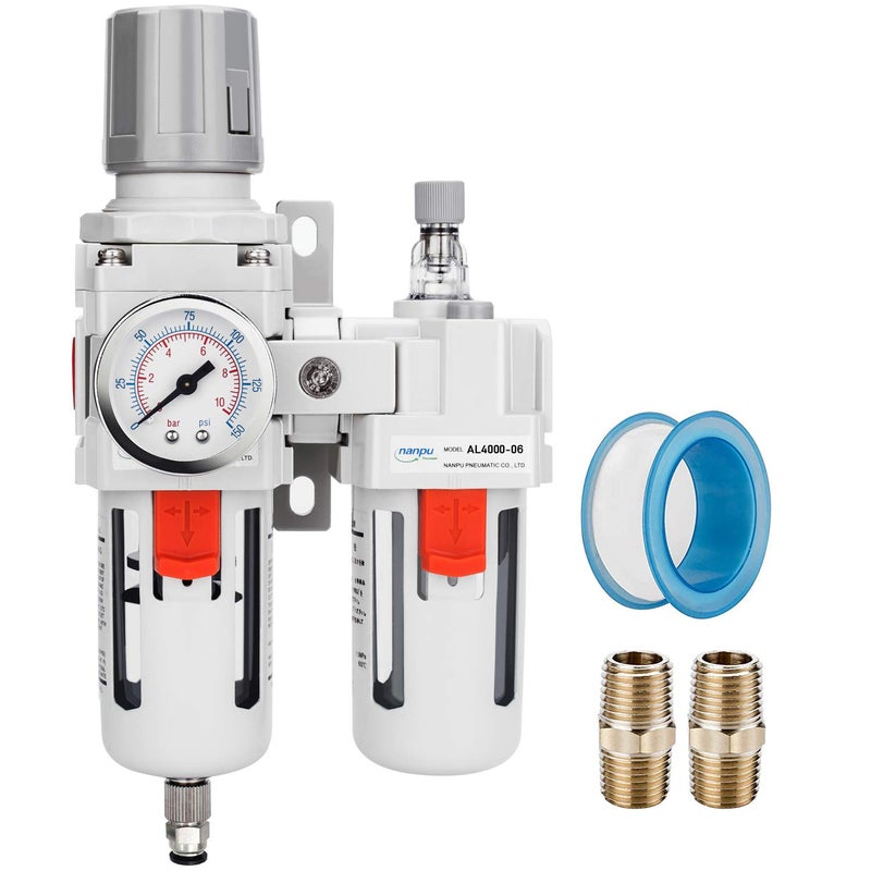 NANPU مجموعة منظم مرشح زيت الهواء المضغوط NANPU 3/4" NPT (FRL) فاصل ماء/زيت - مقياس (0-150 psi)، عنصر نحاسي 5 ميكرون، وعاء بولي، تصريف شبه تلقائي، قاعدة معدنية - Image 1